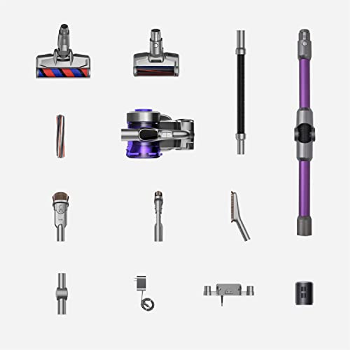 Piezas de aspiradora: cabezales, tubo, motor, cepillo, etc. todo sobre un fondo gris claro.