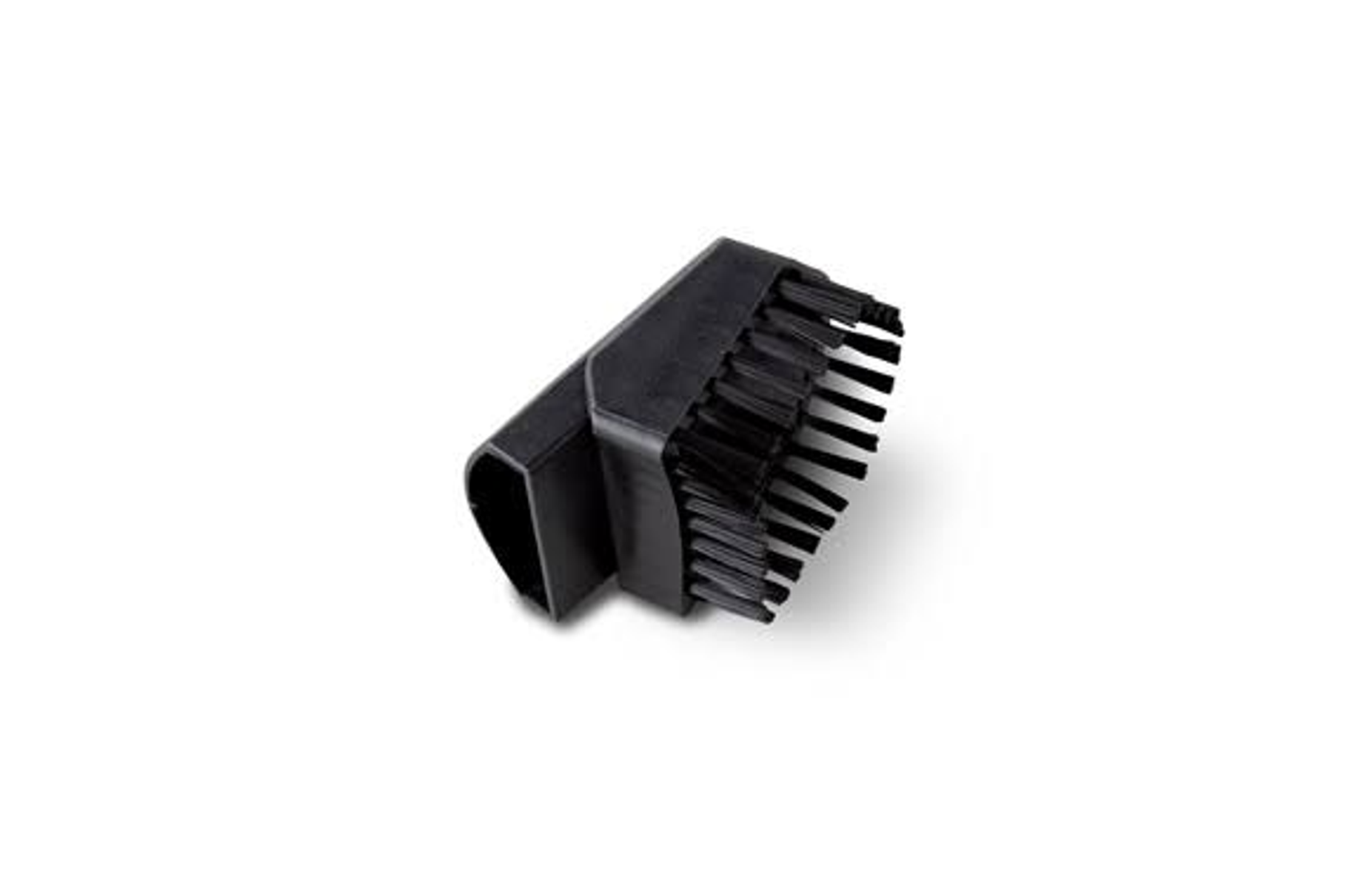 Un accesorio de cepillo negro para una aspiradora, sobre un fondo blanco.