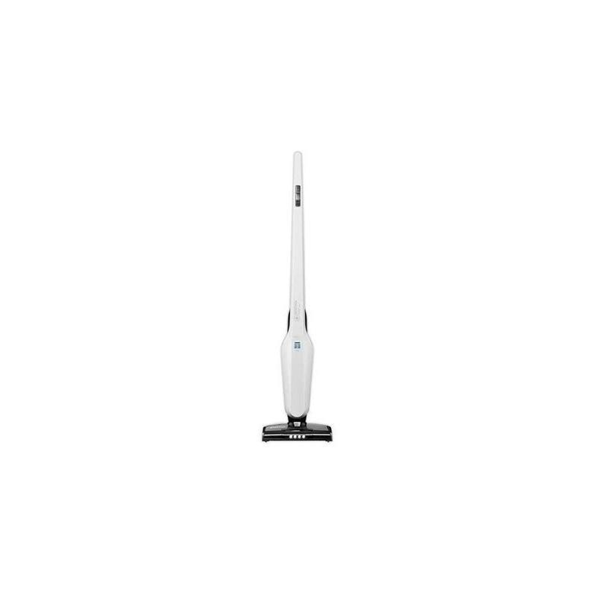 Aspirateur sans fil blanc. Corps long et étroit. Fond blanc.
