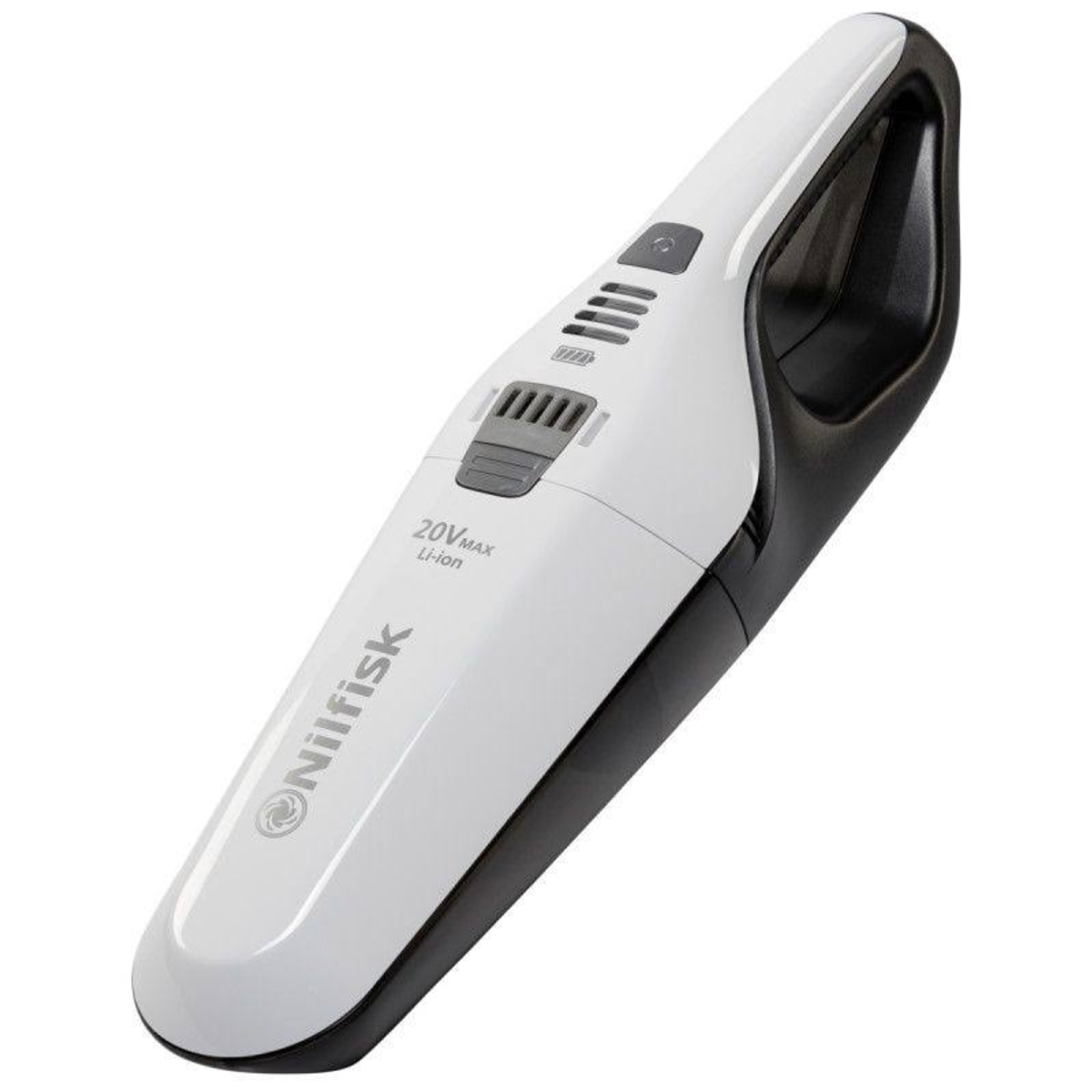 Witte en zwarte handheld stofzuiger. Het product heeft een 20V Li-Ion label.