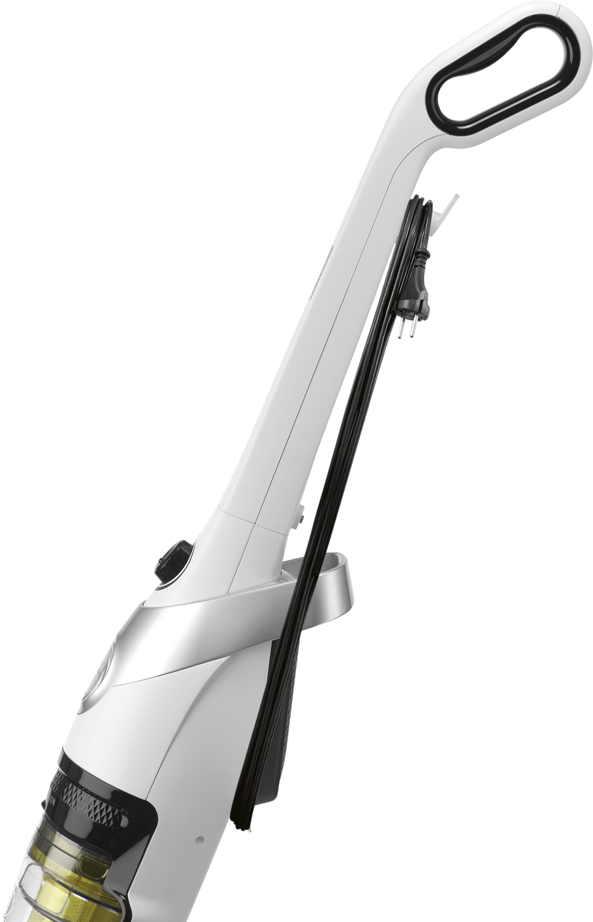 Una aspiradora vertical blanca con cable negro.