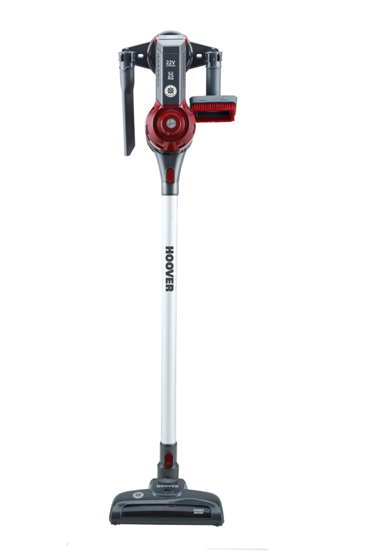 Un aspirapolvere Hoover, orientato verticalmente. È argento e rosso e su sfondo bianco.