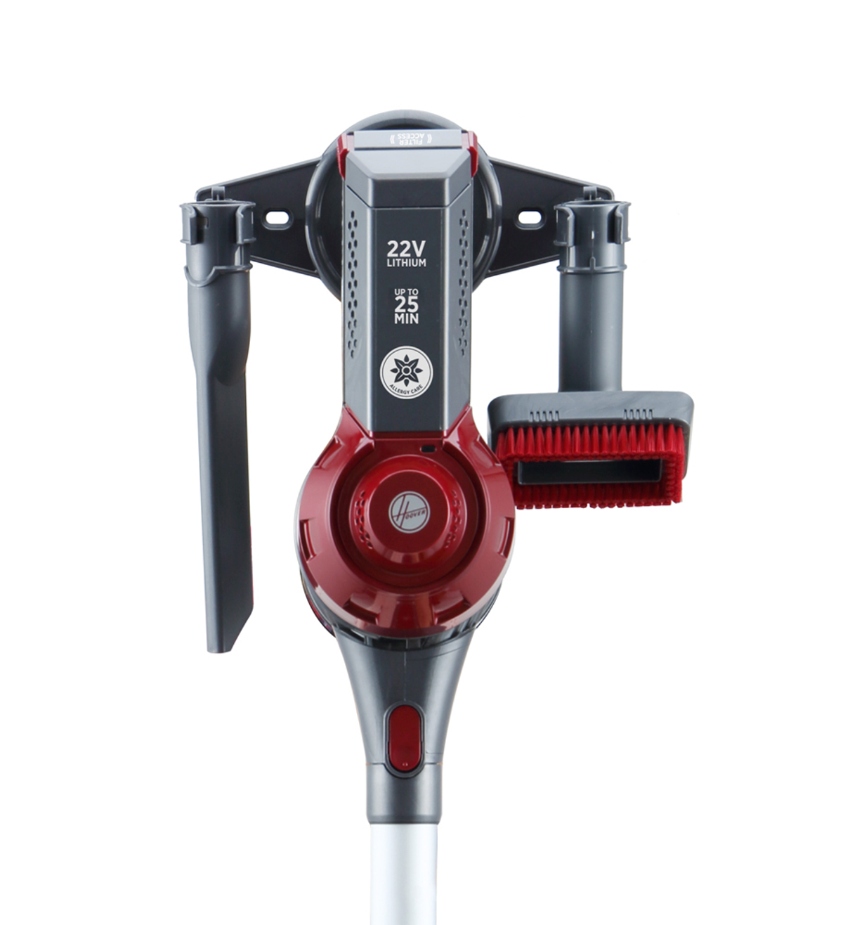 Aspirapolvere senza fili Hoover rosso e grigio. Ha un lungo manico con vari accessori inclusi.