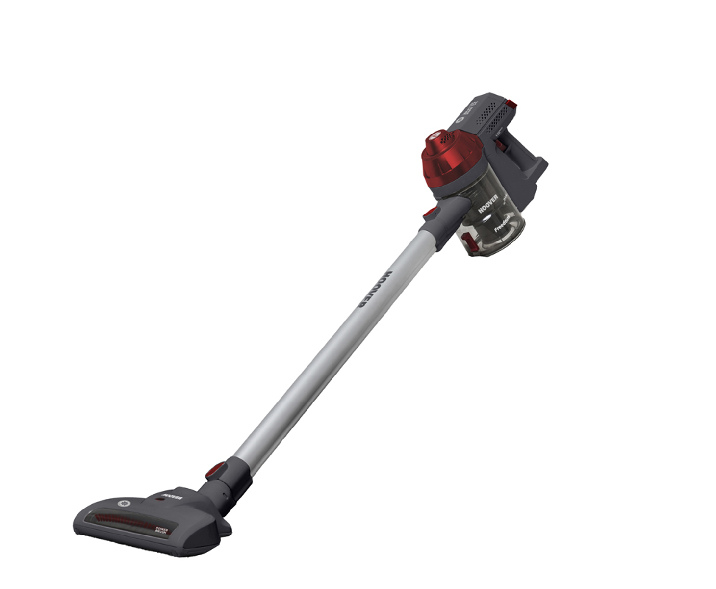 Aspirapolvere senza fili Hoover, rosso e grigio, con la testina rivolta verso il basso.