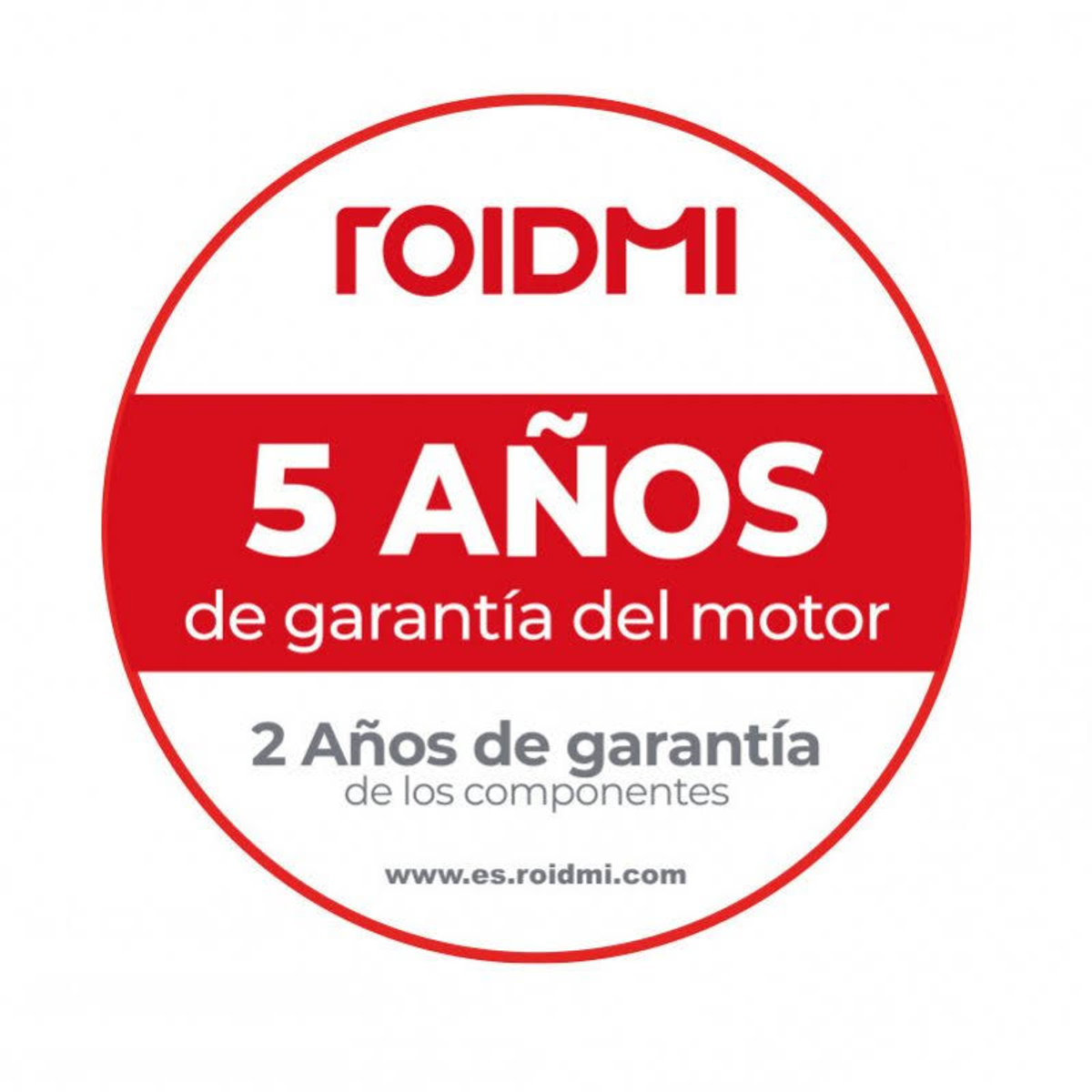 Etichetta rotonda rossa e bianca. Testo: ROIDMI, 5 AÑOS, 2 Años, www.es.roidmi.com.
