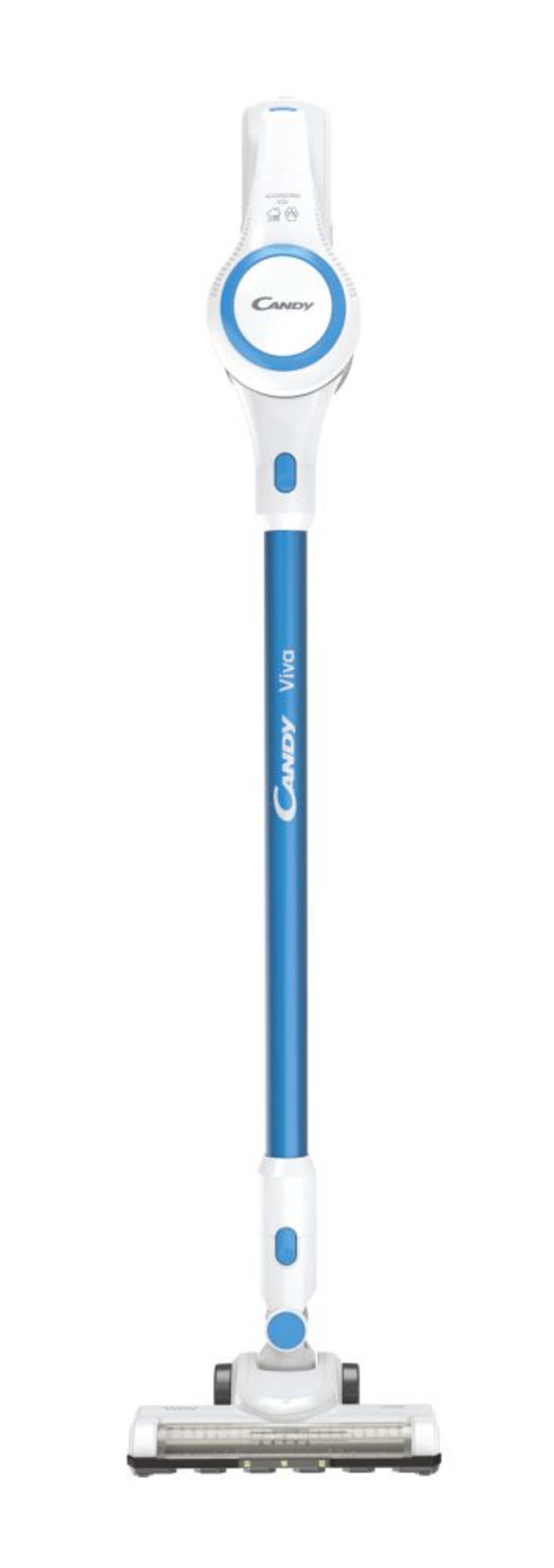 Weiß-blauer Candy Viva Staubsauger auf weißem Hintergrund.