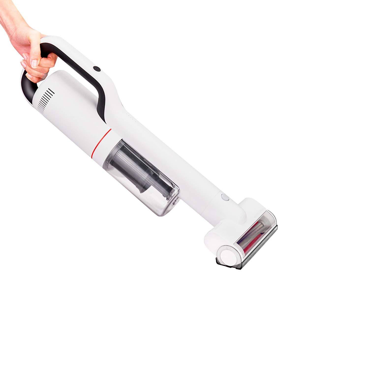 Aspirapolvere portatile bianco. Tenuto in mano. Contenitore della polvere trasparente.