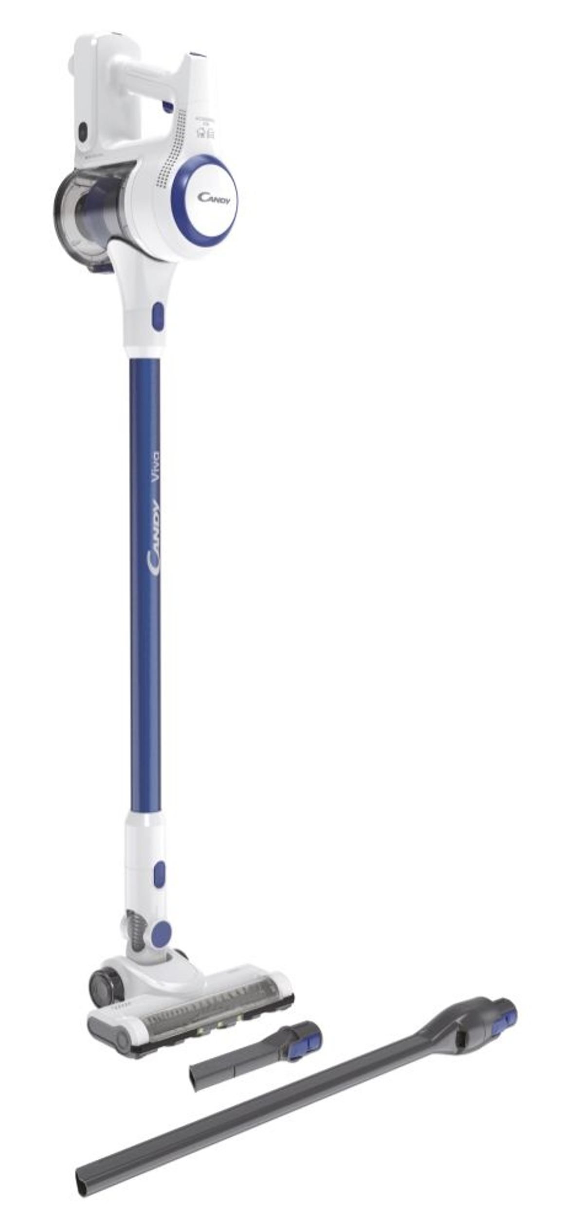 White and blue cordless vacuum cleaner with attachments on a white background.