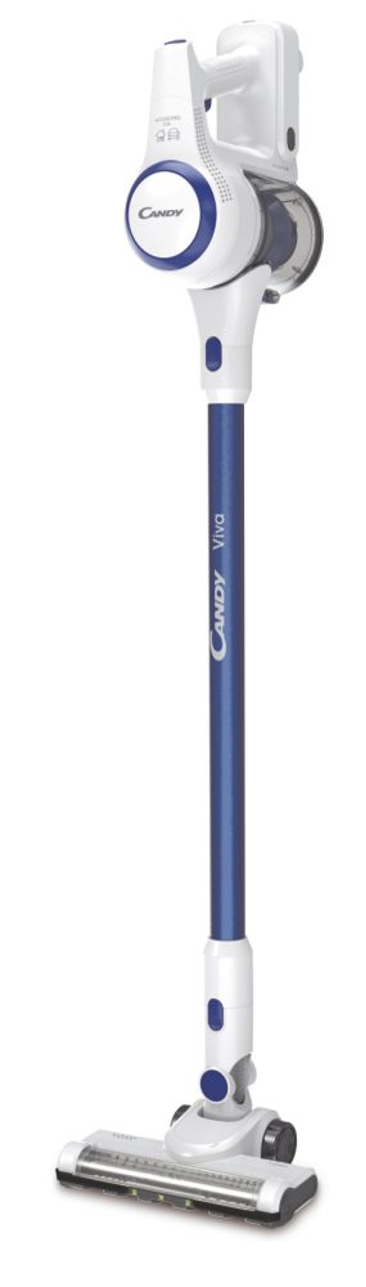 White and blue Candy Viva cordless vacuum cleaner, standing upright.