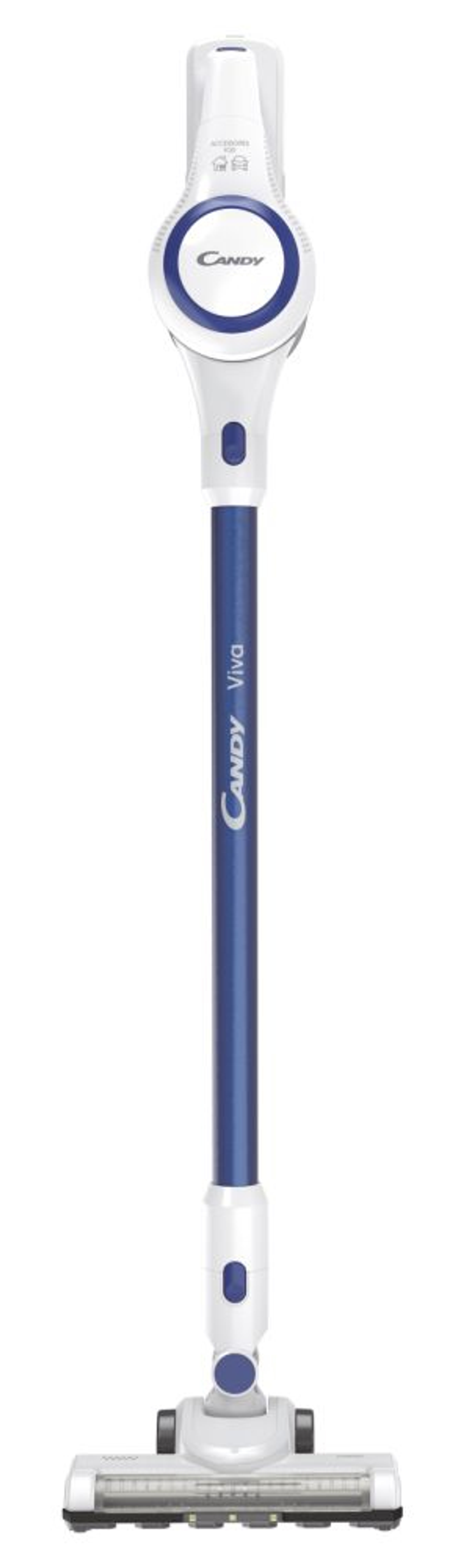 A blue and white cordless vacuum cleaner, standing upright. It has a long handle.