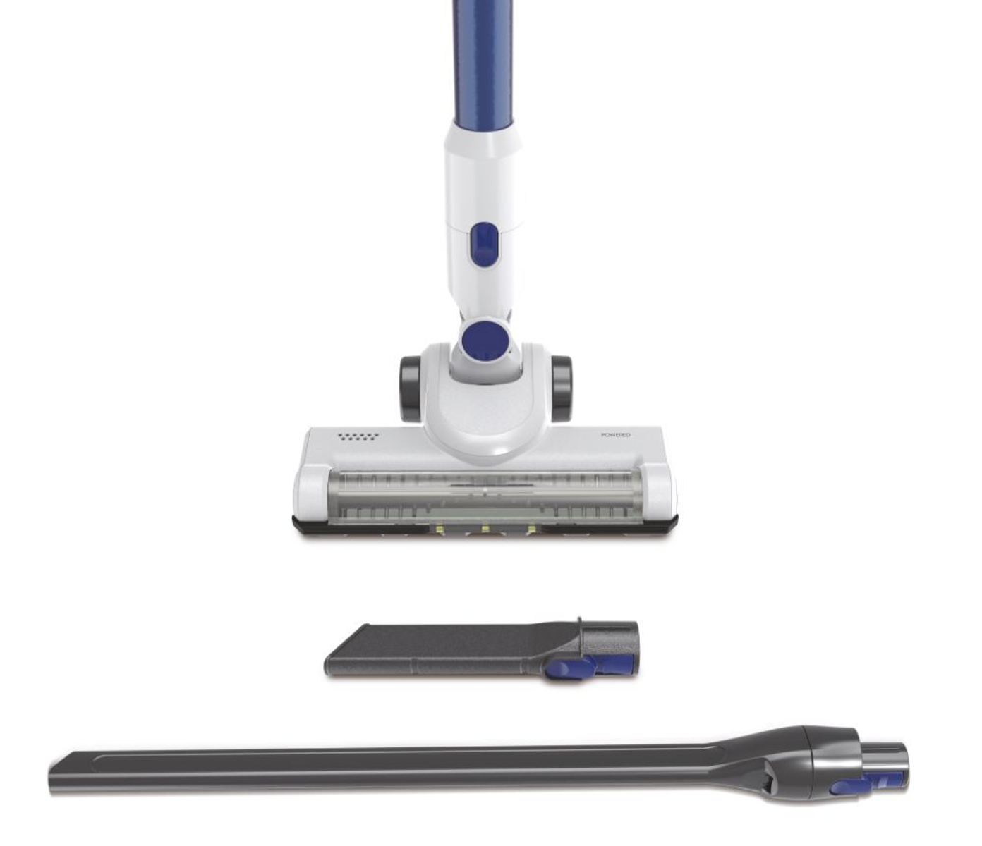 Vacuum cleaner parts: Brush head, extension and vacuum head, white and blue.