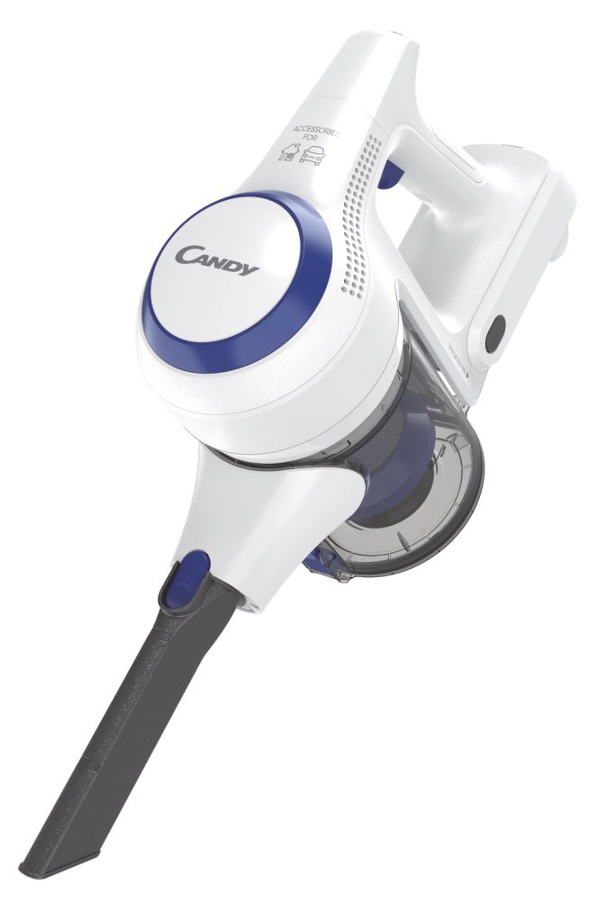 White and blue cordless vacuum cleaner on a white background. It has a long nozzle.