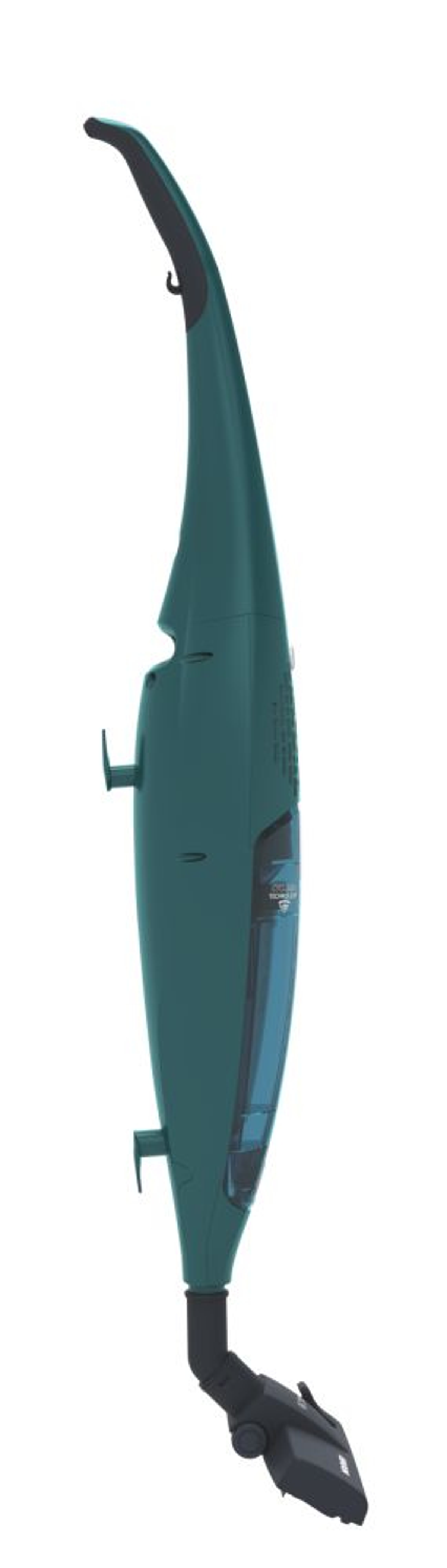 Aspirapolvere color teal. L'immagine è una vista laterale, isolata su bianco.
