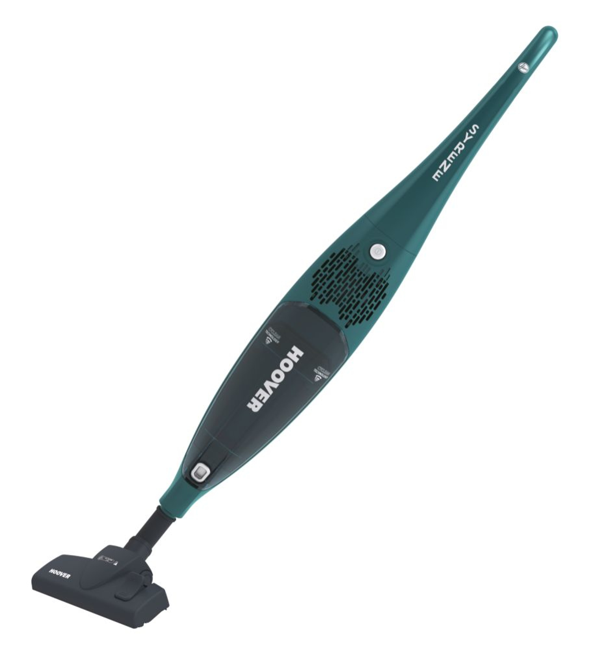Un aspirapolvere Hoover verde su sfondo bianco.