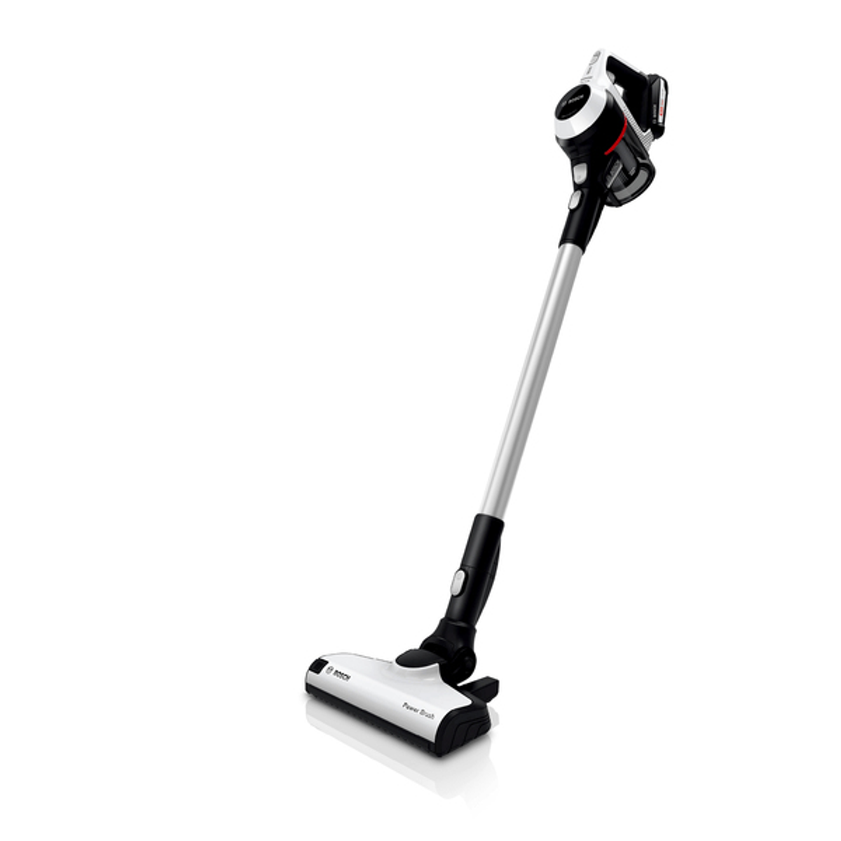 Biało-czarny odkurzacz bezprzewodowy. Białe tło.