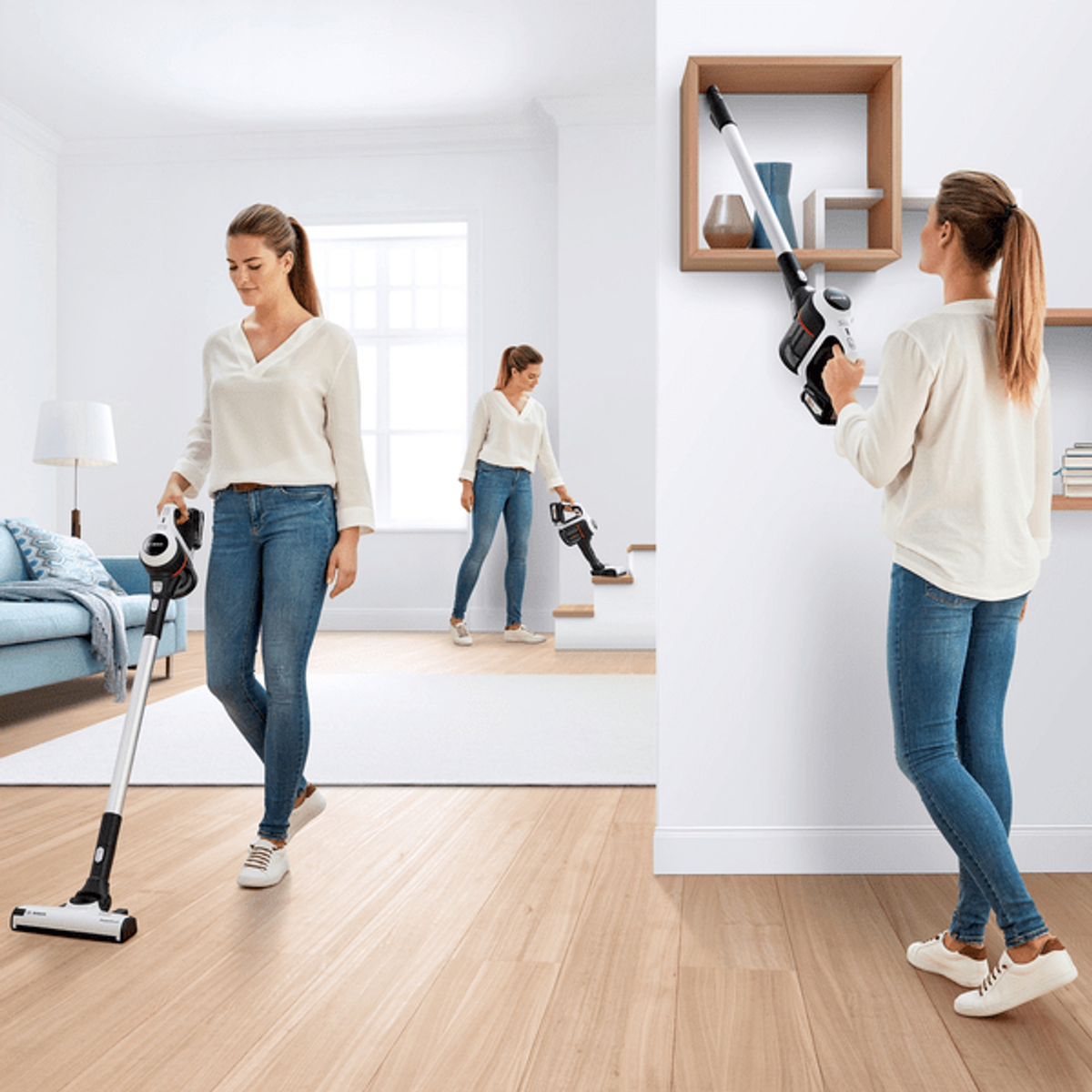 Kobieta używająca odkurzacza w pokoju, wiele widoków.