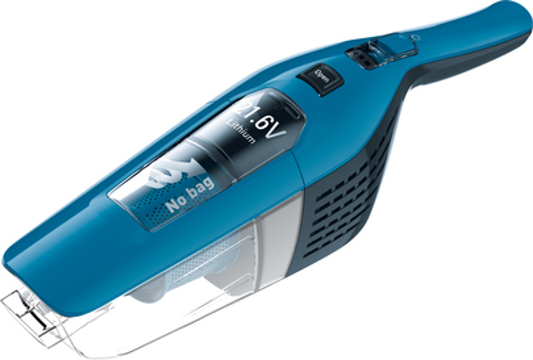 Aspirapolvere portatile blu e nero. L'aspirapolvere ha un contenitore per la polvere trasparente e un'etichetta 'No bag'.