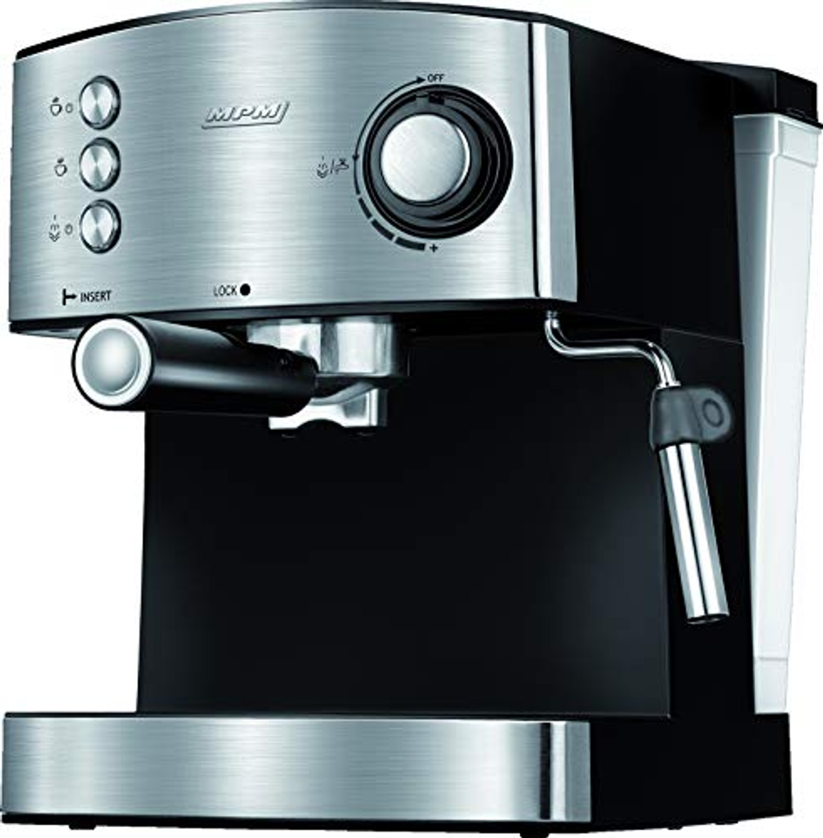 Máquina de espresso en plata y negro. Incluye botones, una perilla y un portafiltro.