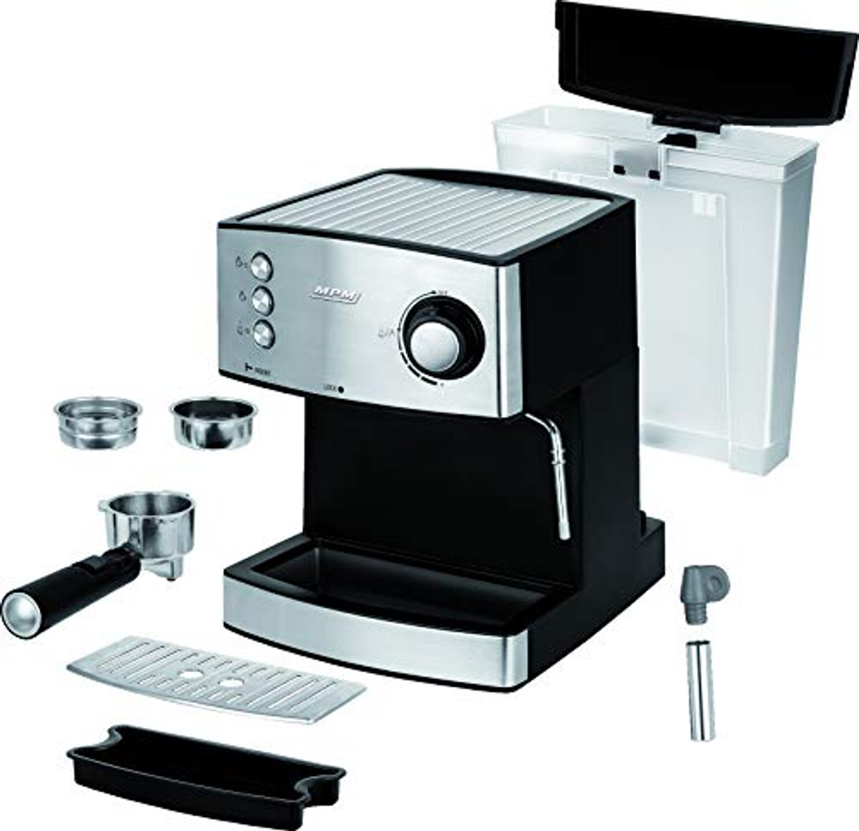 Una máquina de espresso con accesorios, exhibida sobre un fondo blanco.