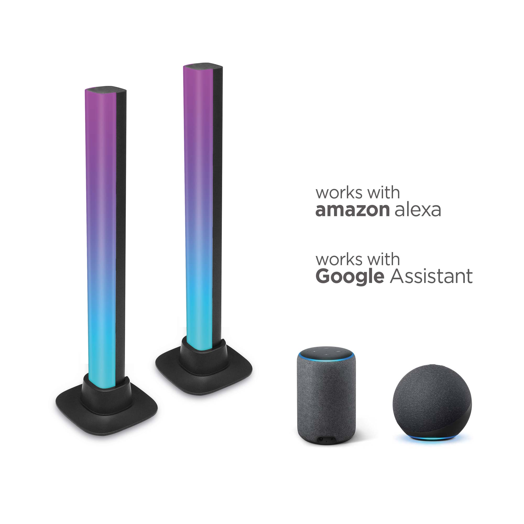 Dwie kolorowe wieże świetlne i dwa głośniki inteligentne z logo Alexa i Asystenta Google.