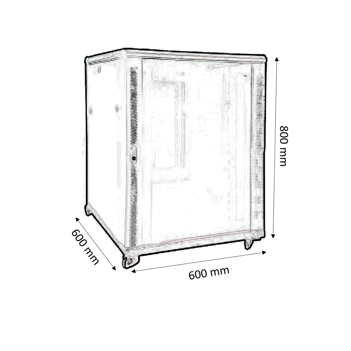 Schizzo di un armadio server con dimensioni: 600x600x800 mm. Contorno nero.