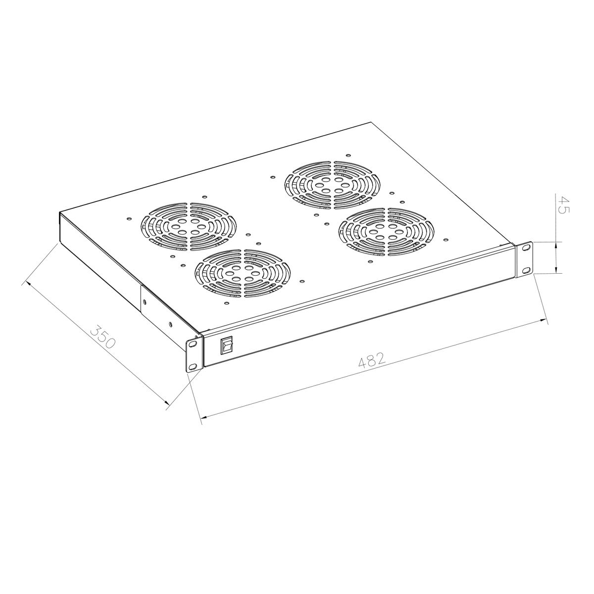 Componente server metallico con quattro ventole, dimensioni in mm, su sfondo bianco.