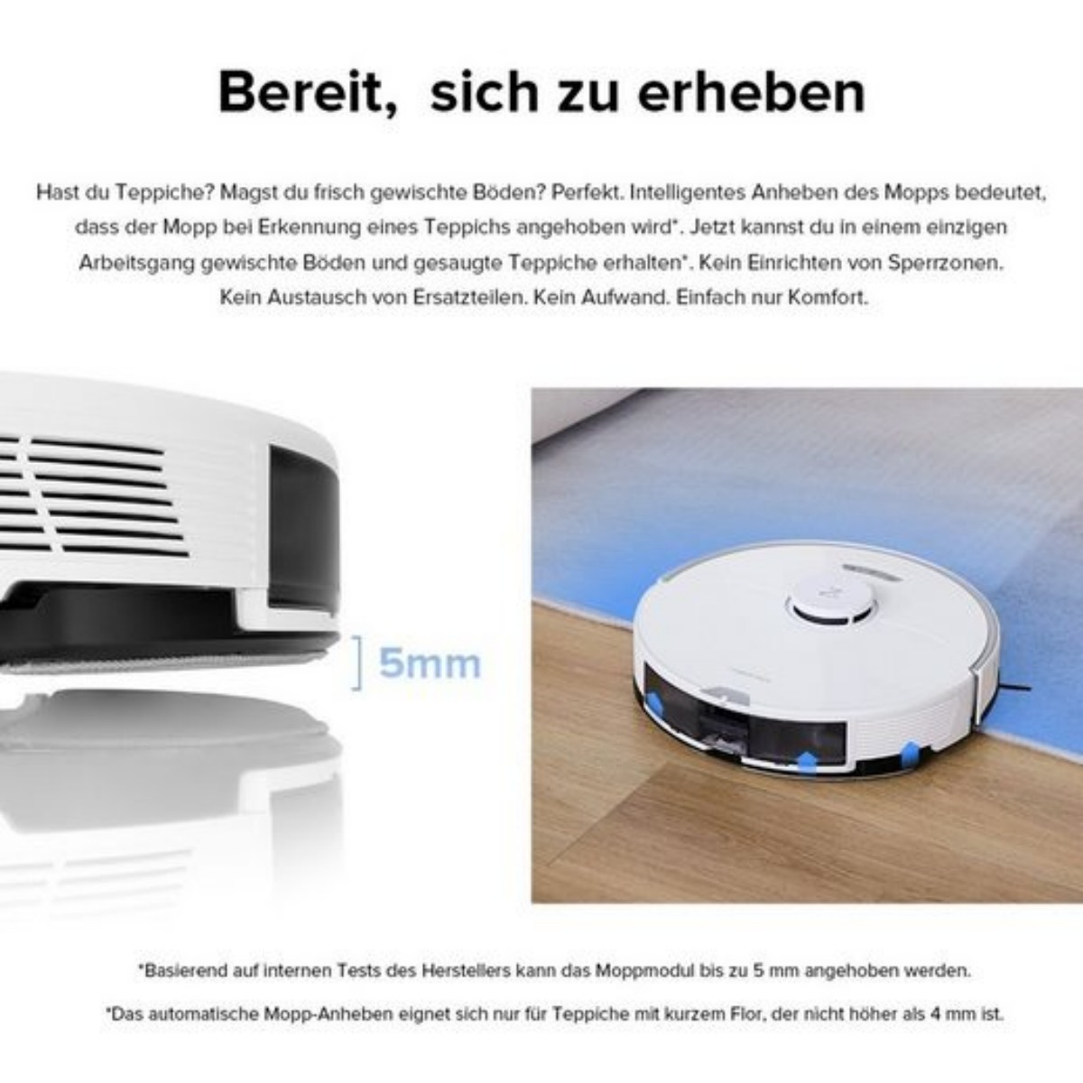 Roboter-Staubsauger mit weißem Gehäuse, der einen Teppich reinigt. Die Basis ist links sichtbar.