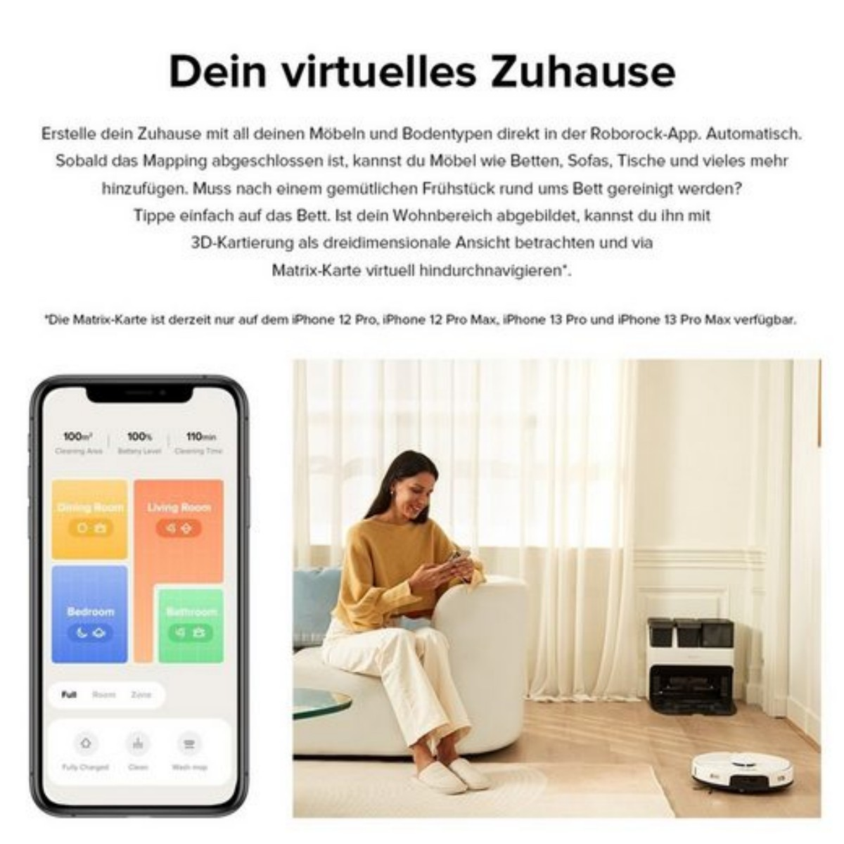 Una mujer usa un smartphone. En el fondo un Roborock y una pantalla de teléfono que muestra mapas del hogar.