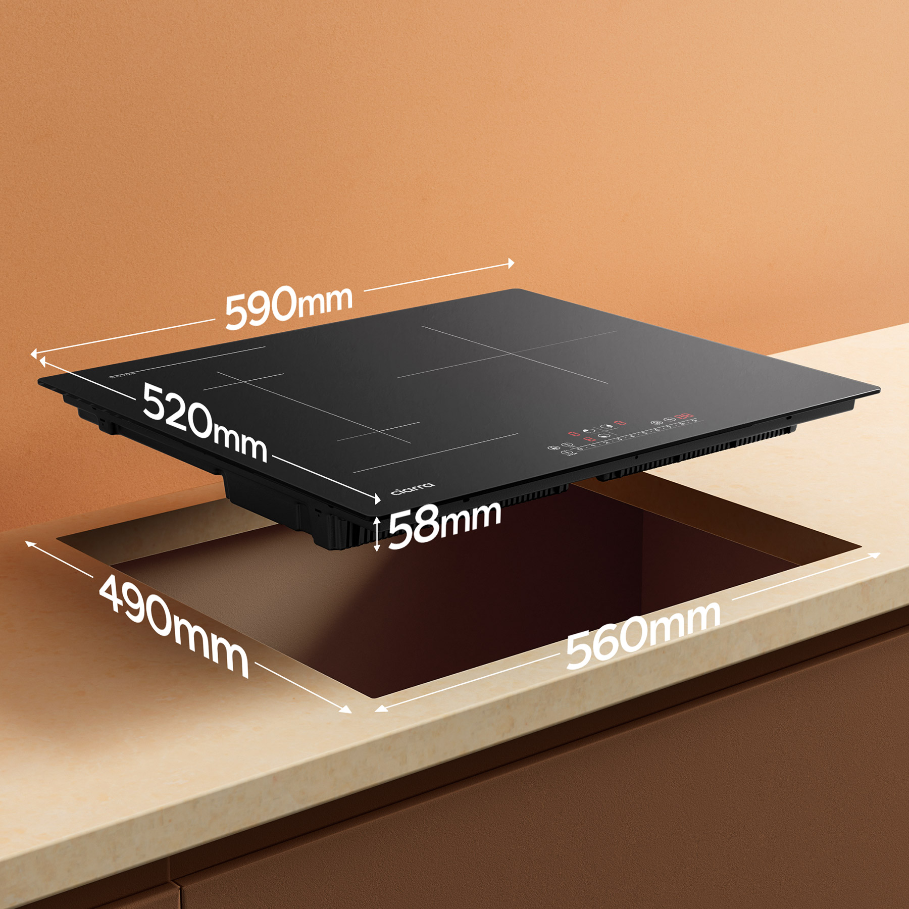A black cooktop with four burners, set in a beige countertop with dimensions given.