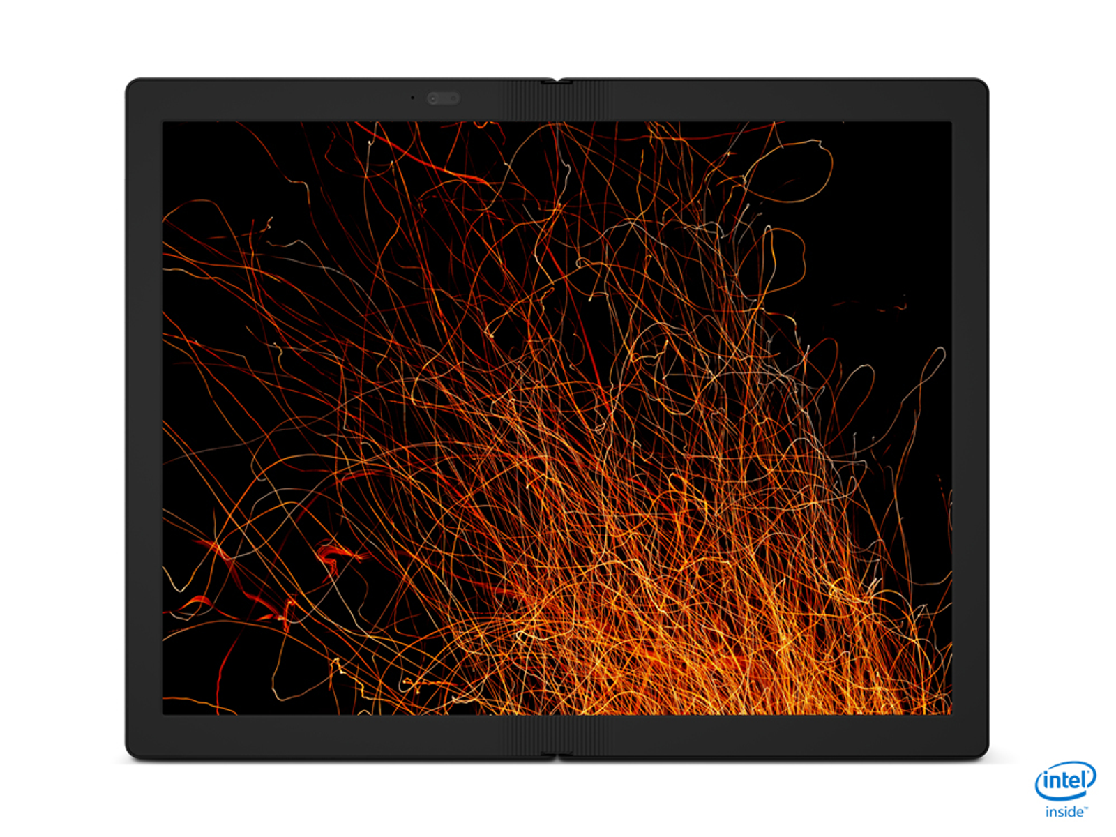 Czarny ekran tabletu z pomarańczową sztuką ognia. Czarna ramka z logo Intel Inside.