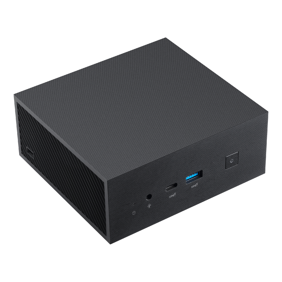 Una mini PC negra con superficie texturizada. Tiene puertos USB, un botón de encendido y una toma de auriculares.