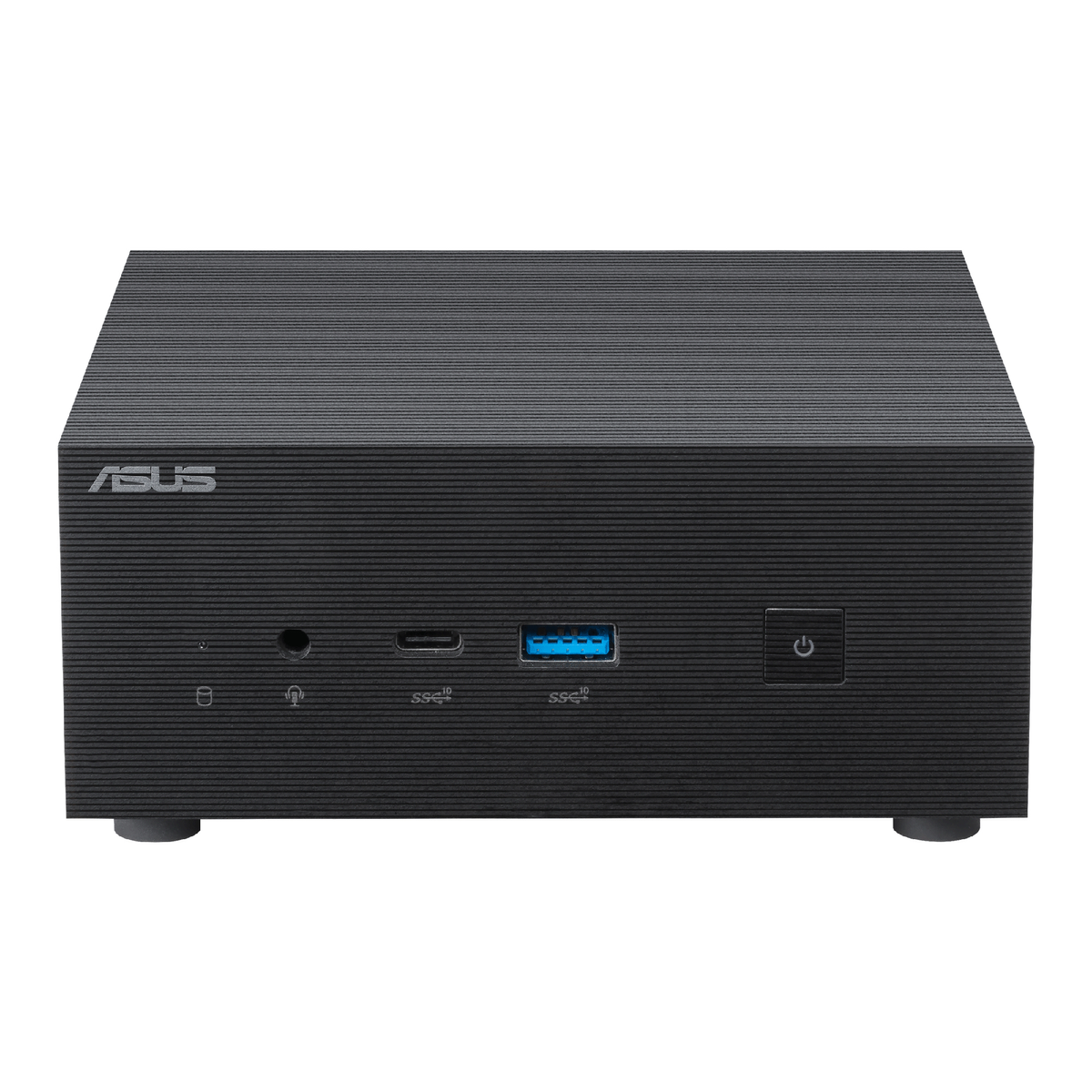 Se muestra una pequeña computadora negra con el logotipo de ASUS y varios puertos.