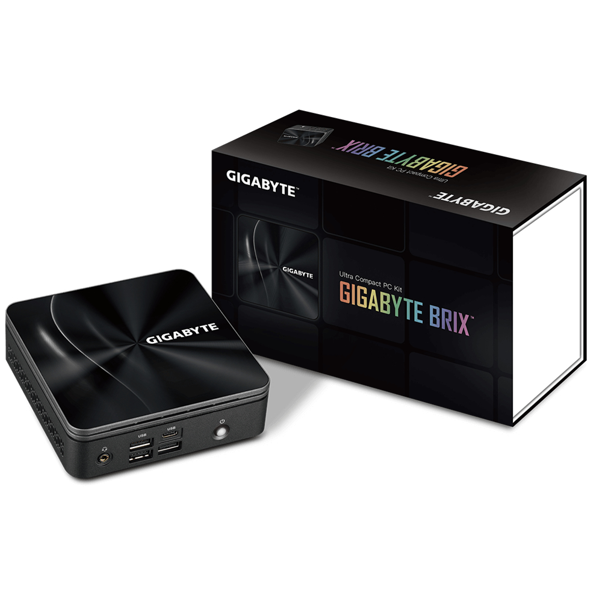 Schwarzes Gigabyte BRIX Ultra-Kompakt-PC-Kit mit seiner Box.