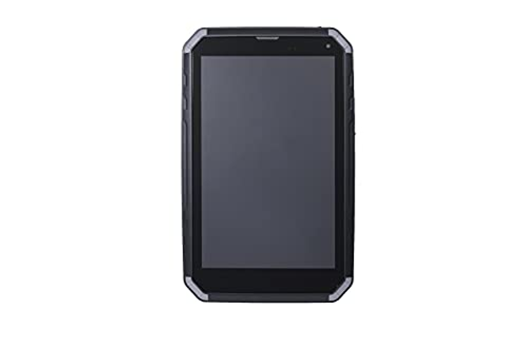 Schwarzes, rechteckiges Tablet, zentriert auf weißem Hintergrund. Der Bildschirm ist schwarz.