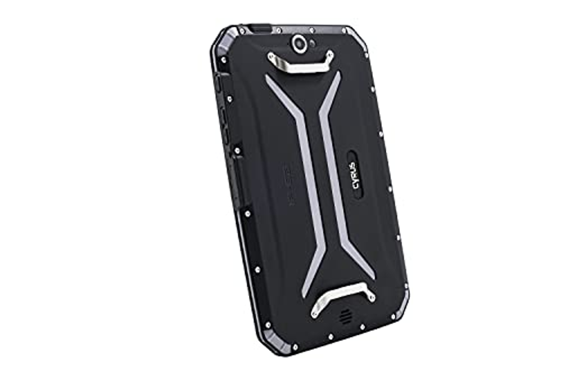 Ein schwarzes Tablet. Es hat metallische Akzente und ist robust. Die Rückseite hat eine Kamera und ein Firmenlogo.