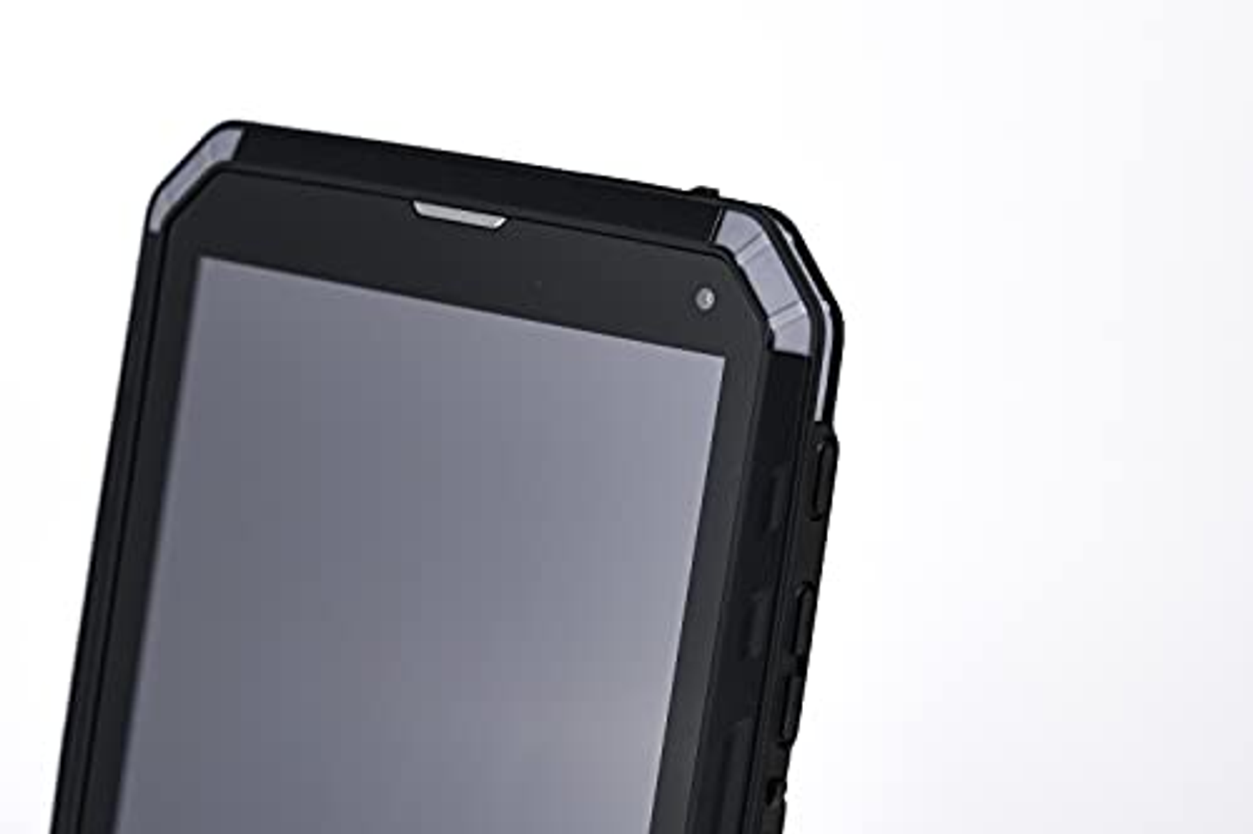 Schwarzes Smartphone mit robustem Design. Nahaufnahme des oberen Bereichs.