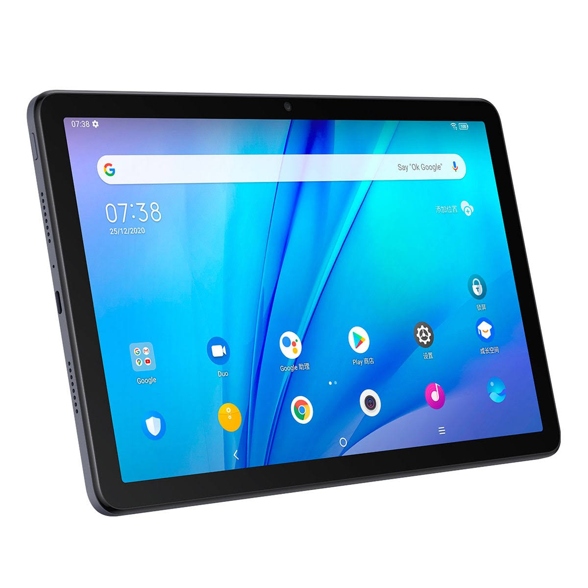 Un tablet con schermo blu che mostra un'interfaccia, angolato, su bianco.