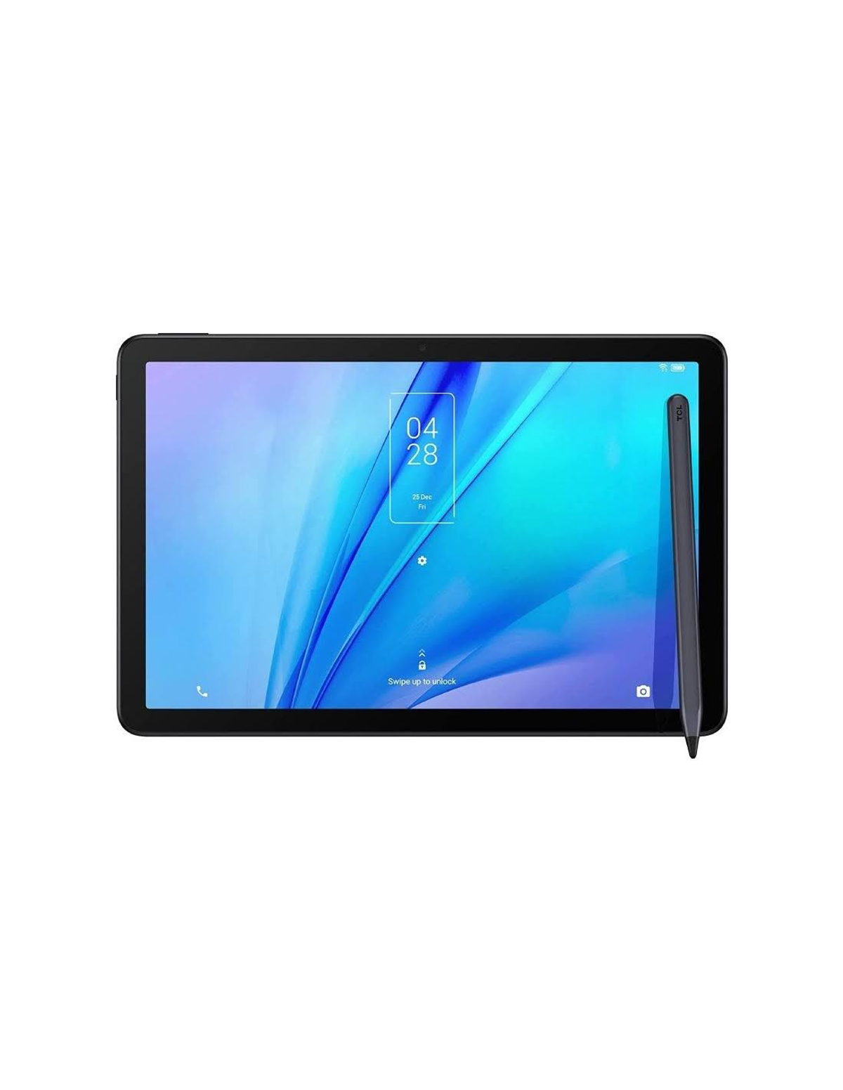 Tablet nero con stilo. Lo schermo mostra l'ora e uno sfondo blu. Sfondo bianco.