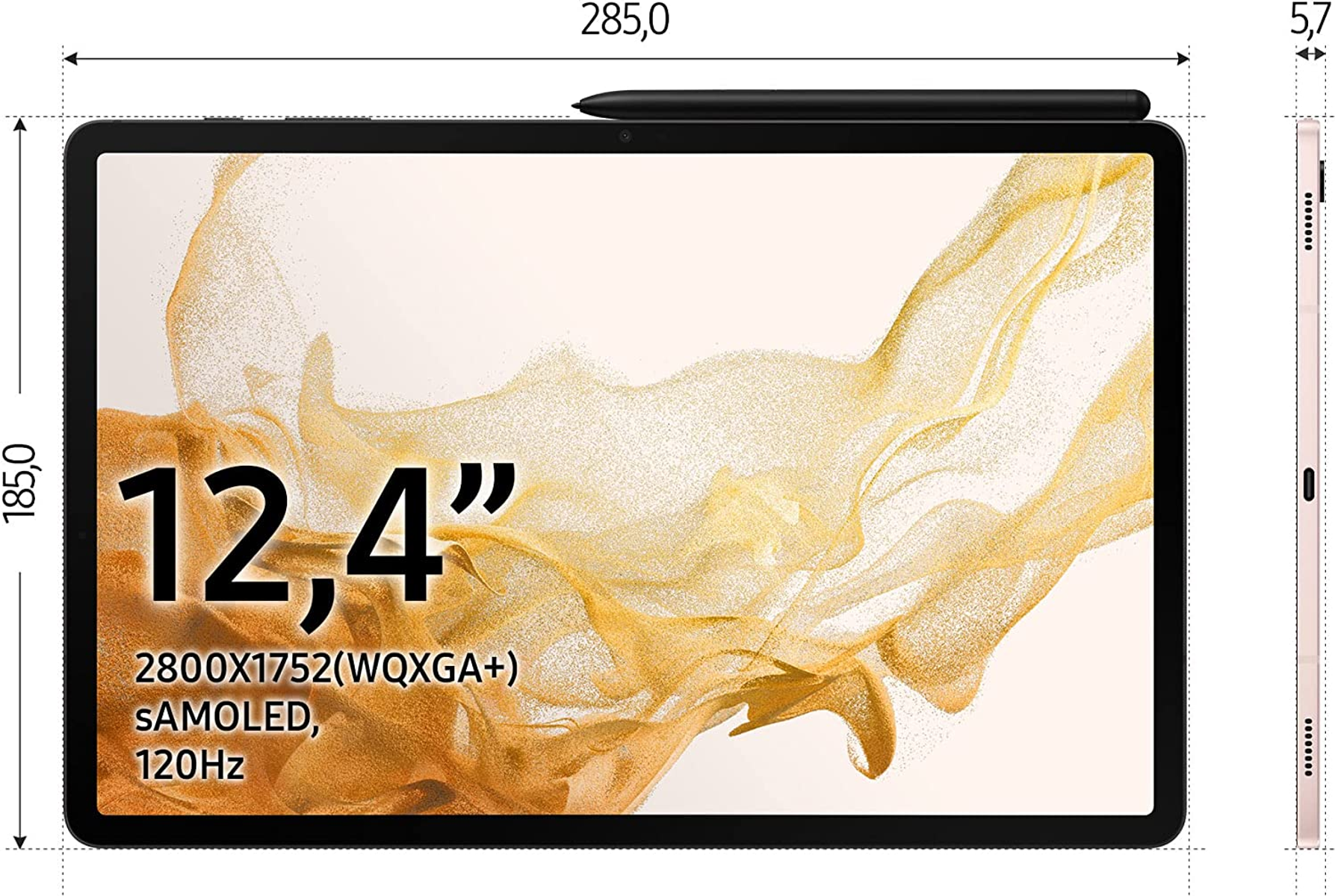 Tableta con lápiz. Pantalla muestra 12.4", especificaciones y dimensiones.