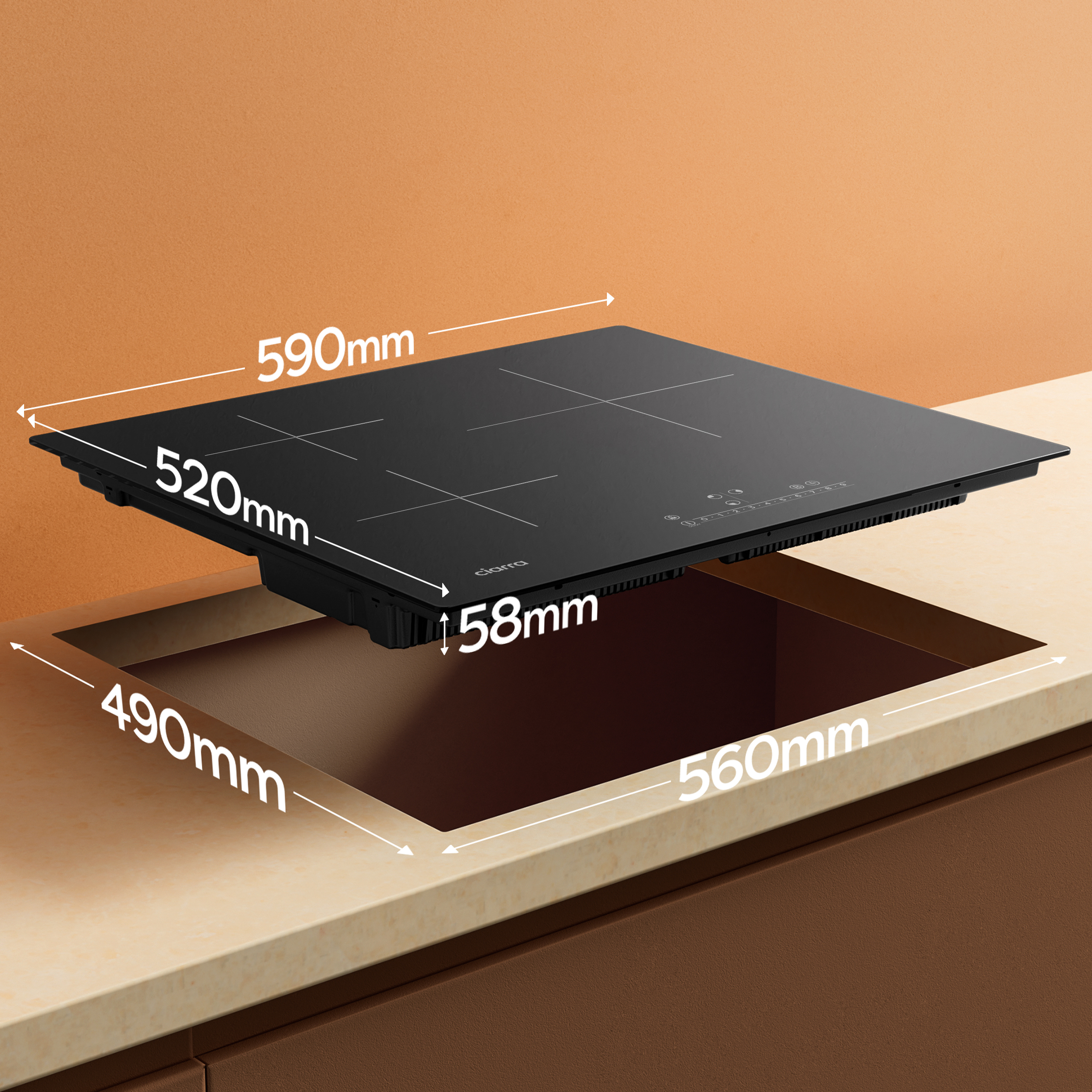 Black induction cooktop with dimensions displayed, installed in a countertop.