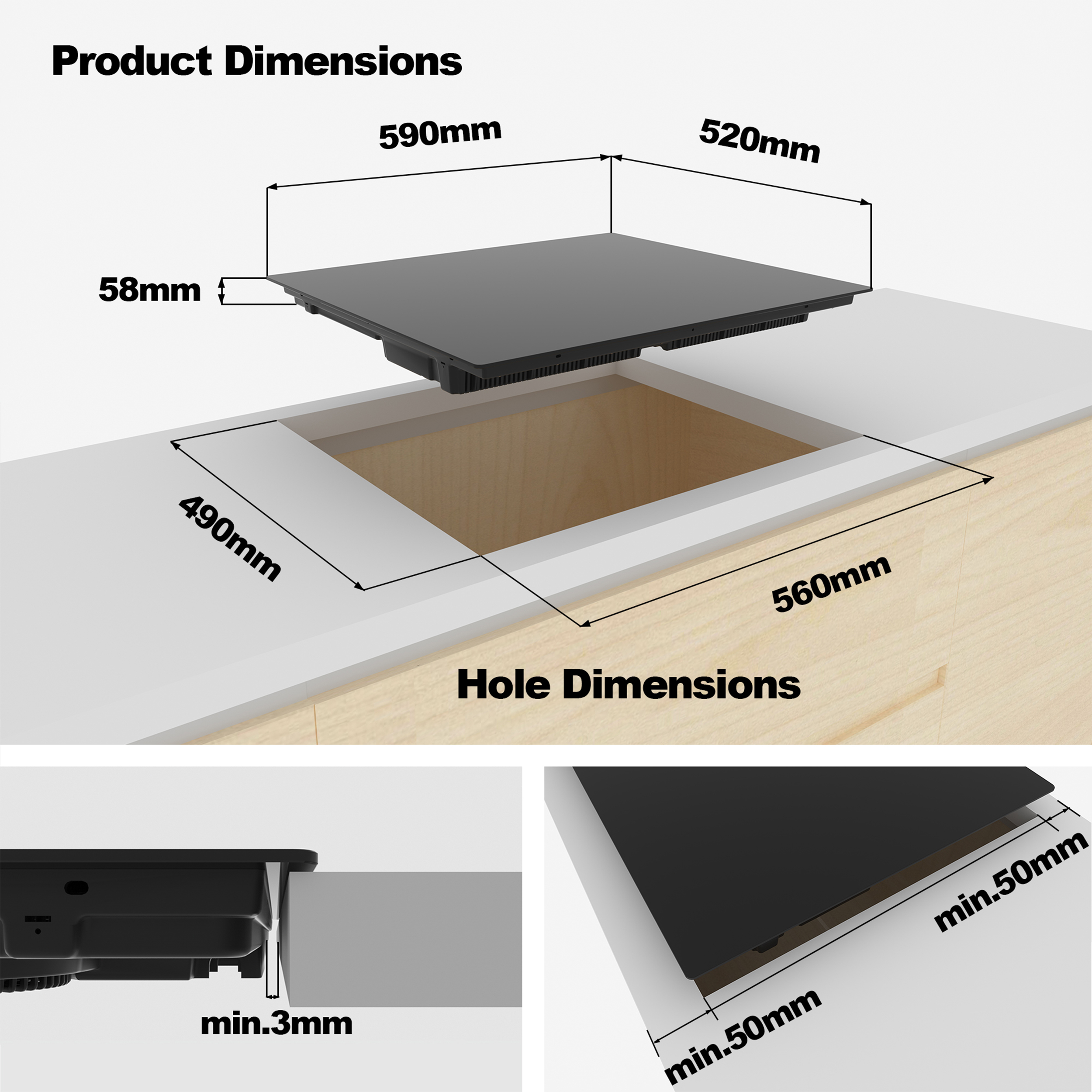 Diagramm eines schwarzen Kochfelds mit Abmessungen und Installationsanweisungen.