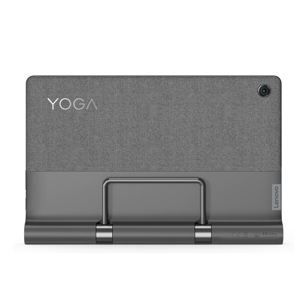 Rückansicht eines grauen Tablets mit Ständer und Kameraobjektiv, mit 'YOGA' aufgedruckt.