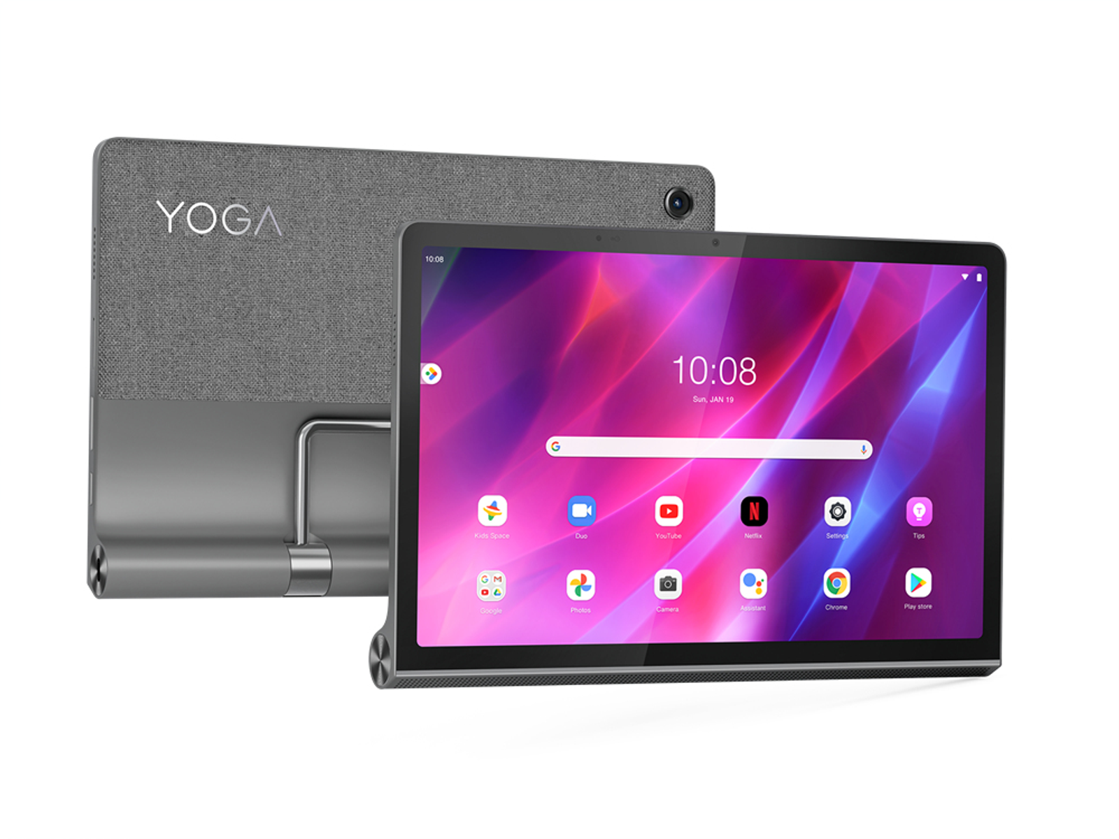 Lenovo Yoga Tablet mit Stoffrücken, zeigt Bildschirm und Rückkamera.