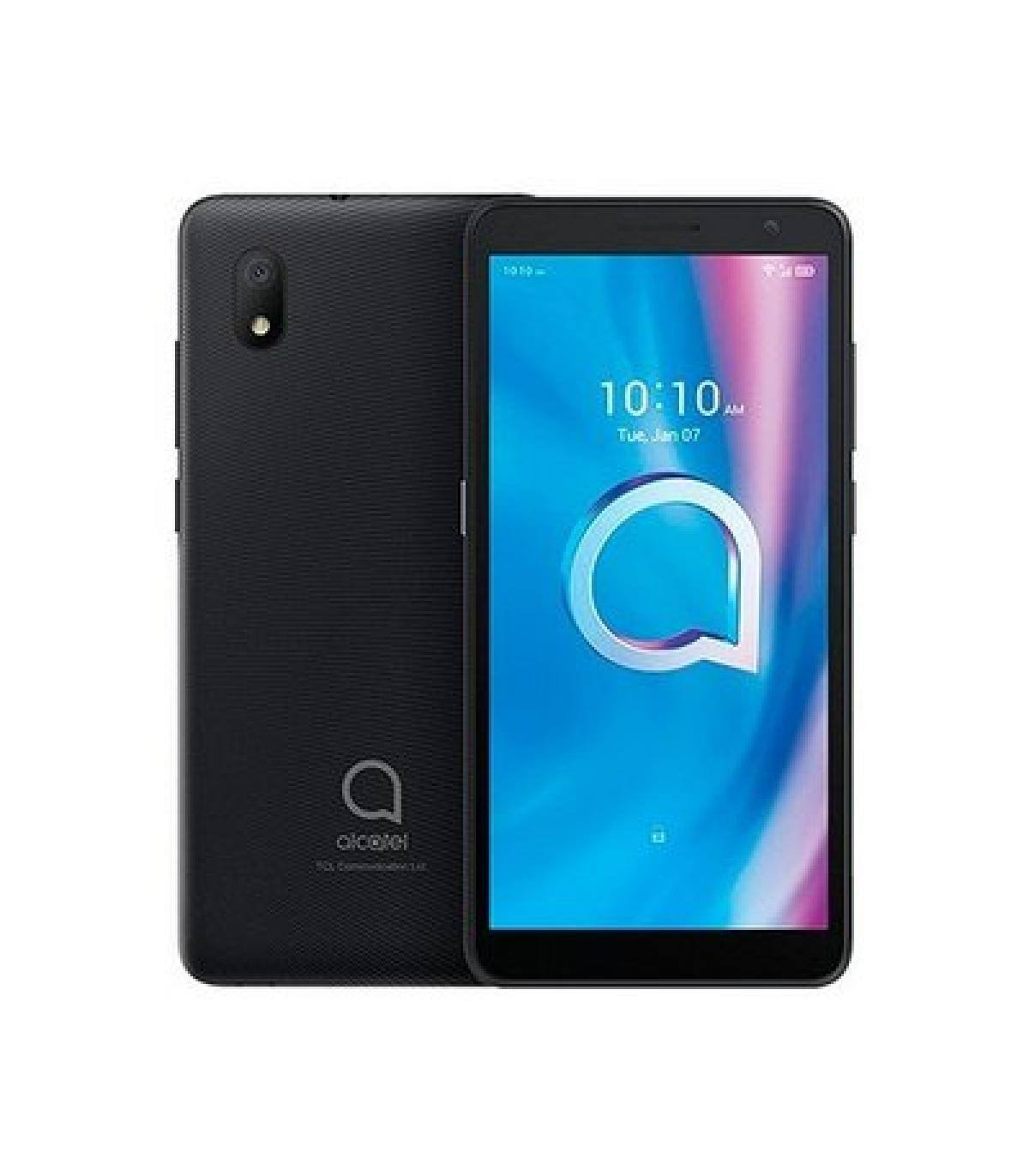 Due telefoni. Il retro del telefono nero e il fronte che mostra l'ora e il logo Alcatel.