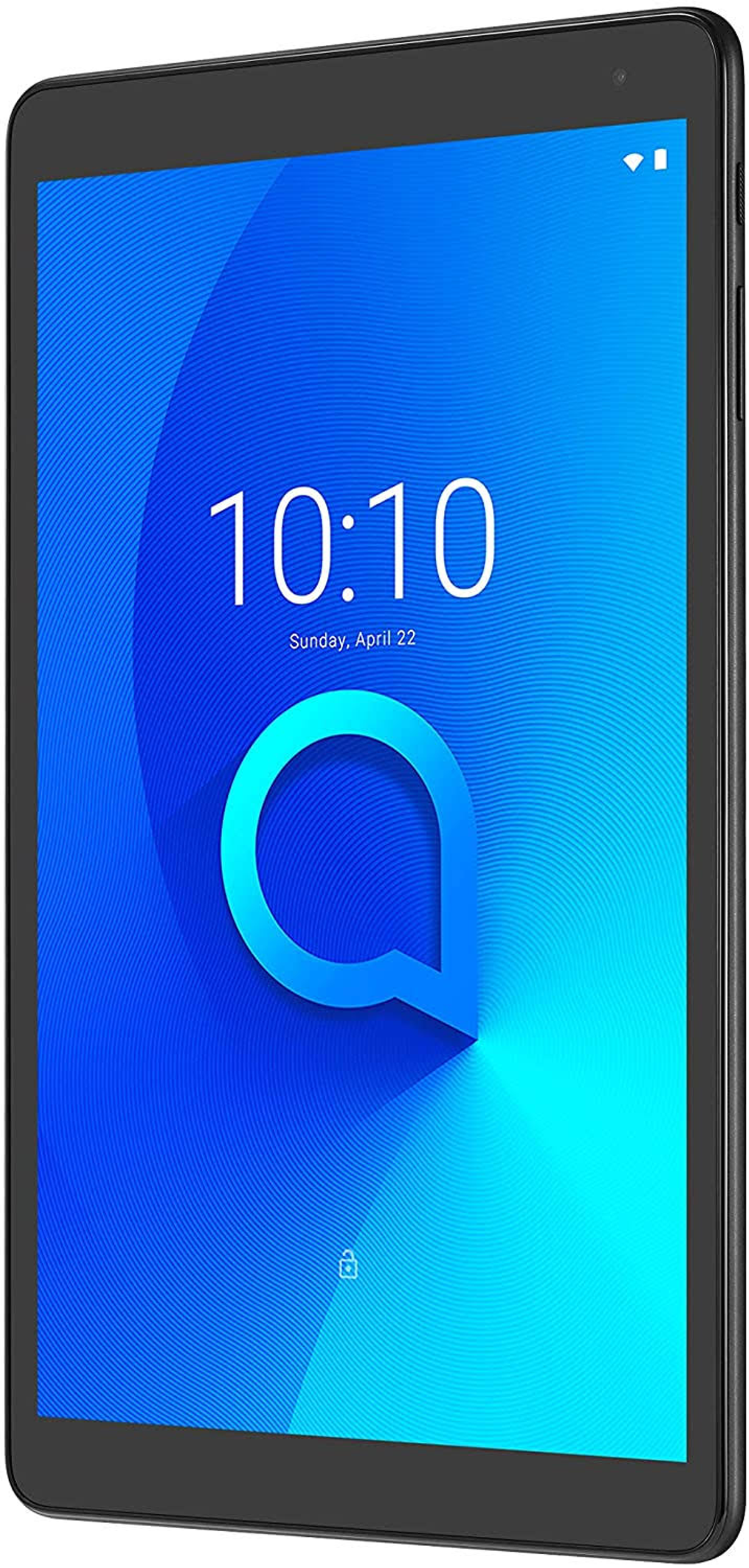 Un tablet nero con schermo blu che mostra le 10:10. Ha un logo e un'icona della fotocamera.