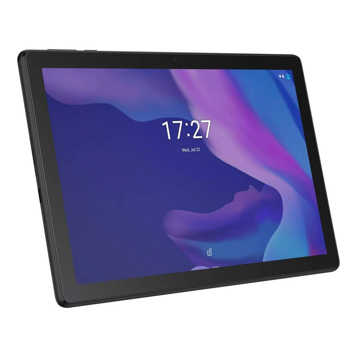 Tablet nero, angolato, che mostra uno schermo con l'ora e la data, mercoledì 22 luglio, 17:27.