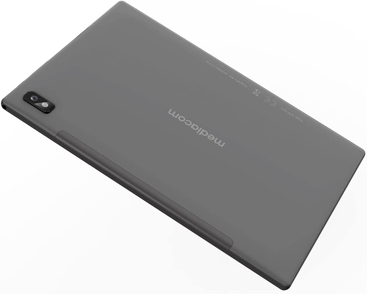 Il retro di un tablet grigio con fotocamera e il marchio medicom.