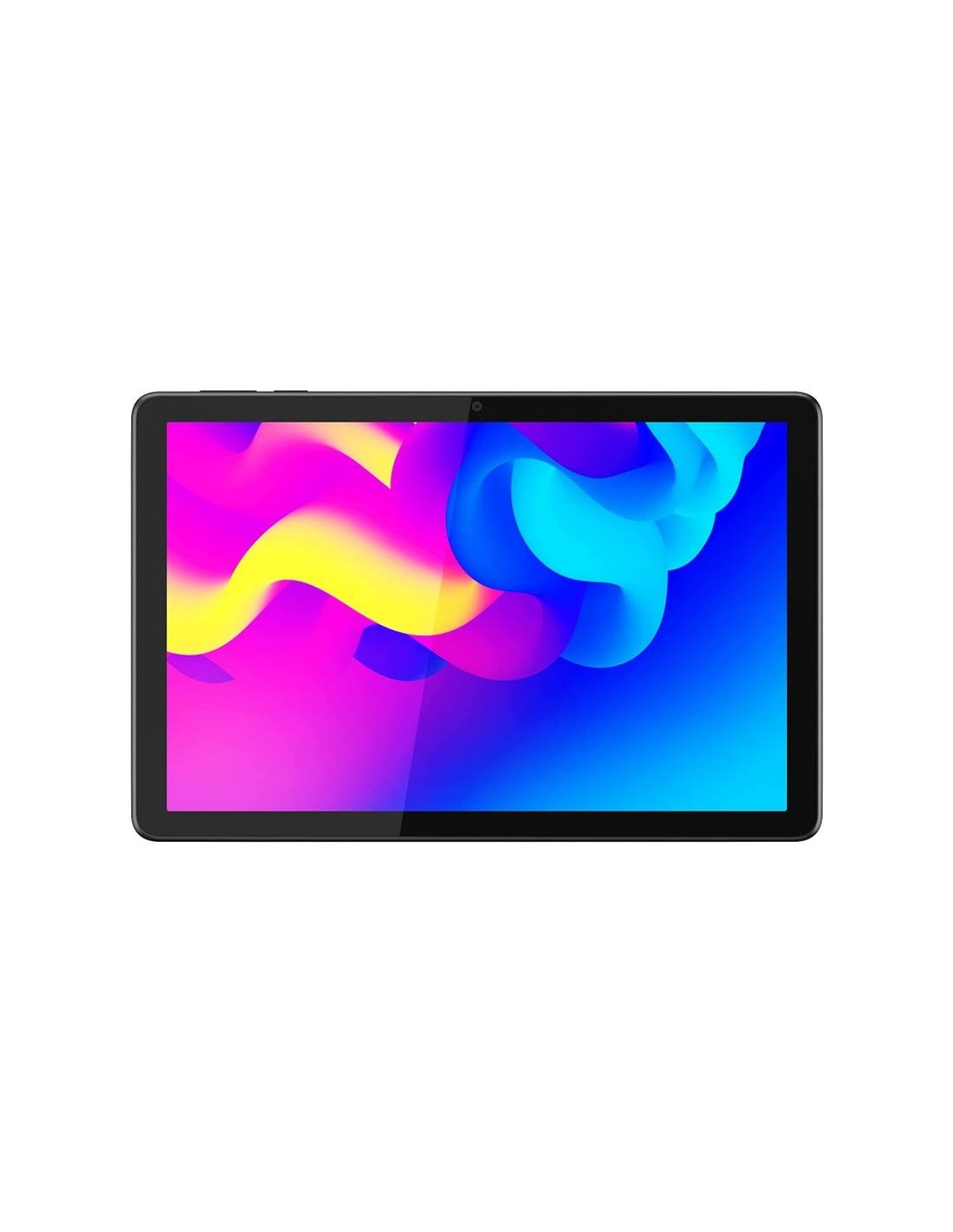 Una tableta negra con un diseño abstracto y colorido en la pantalla.