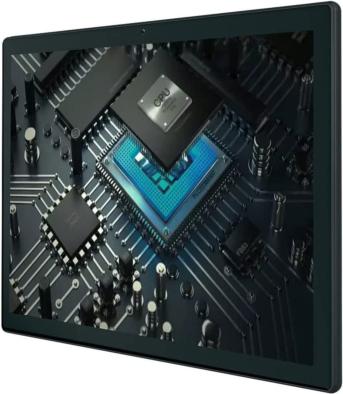 Tablet mostra circuito stampato con CPU e altri componenti. Lo schermo è nero.