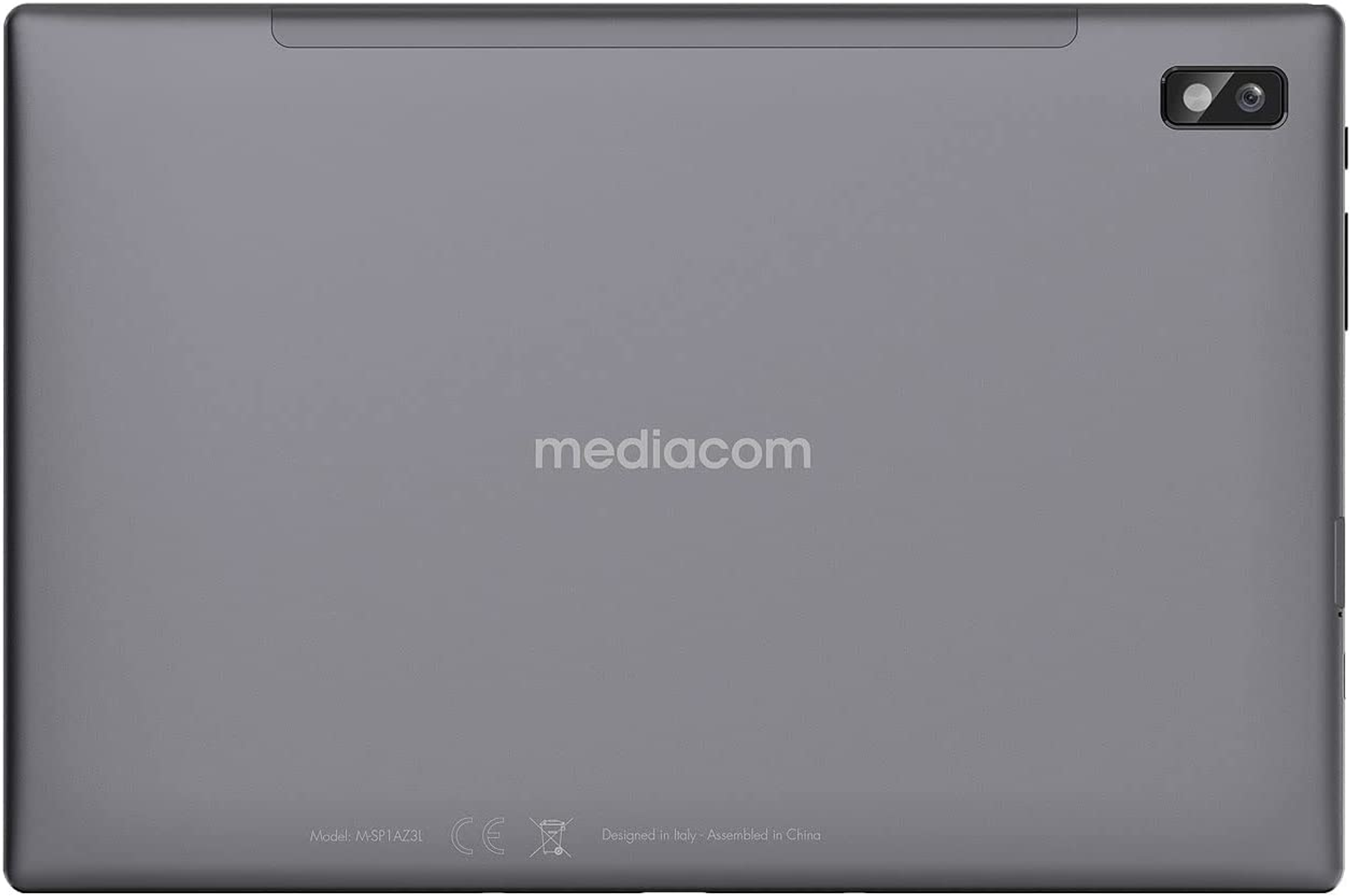 Retro di un tablet grigio con fotocamera e logo 'mediacom'.